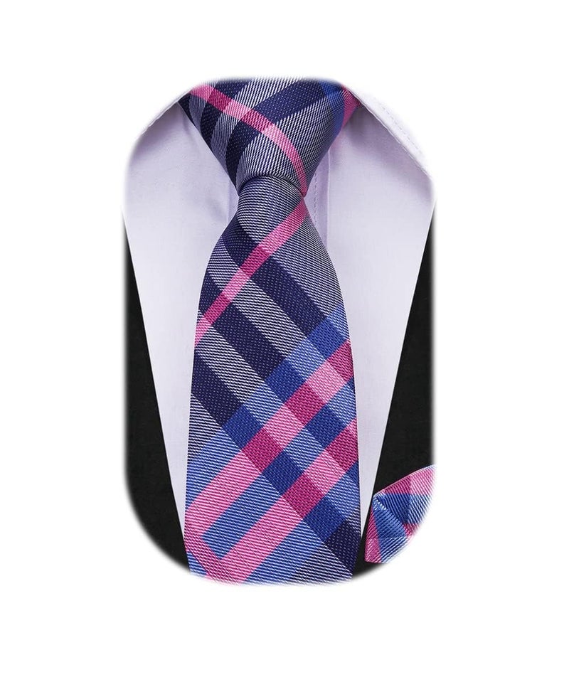 Dubulle Ties for Boys Blue Pink Self Tie Silk Plaid Kids Necktie and Pocket Square Set for Age 8-11 - Image 1